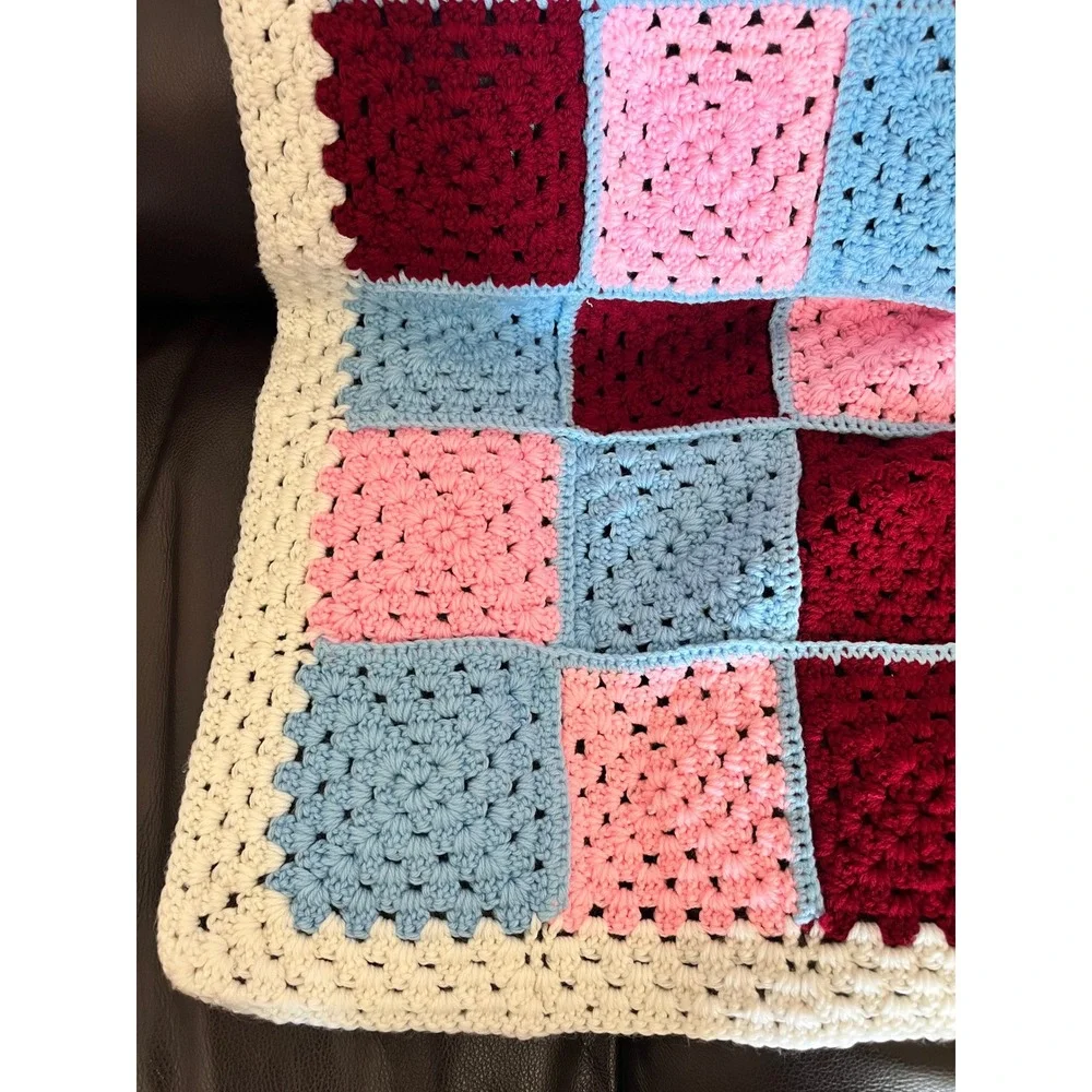Crochet Granny Square Blanket Throw Afghan Pink Blue Burgundy Handmade 46